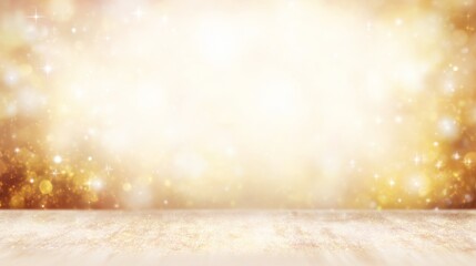 Elegant cream stage background with golden light beams, sparkling star effects, soft glow, and shimmering glitter design, perfect for luxury celebration, award ceremony, and festive event concepts