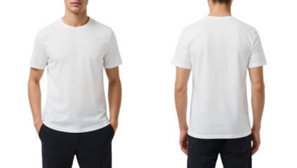Man wearing a plain white crewneck t-shirt in front and back views. Blank apparel mockup for design.