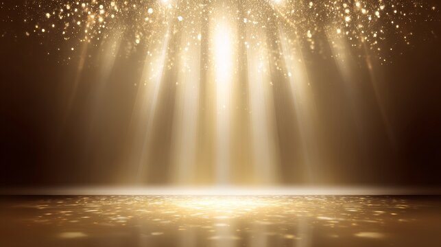 Elegant cream stage background with golden light beams, sparkling star effects, soft glow, and shimmering glitter design, perfect for luxury celebration, award ceremony, and festive event concepts