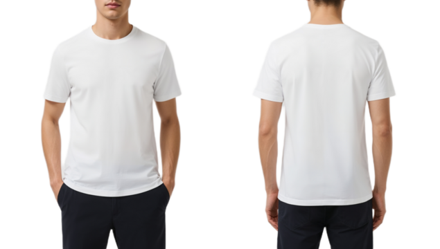 Man wearing a plain white crewneck t-shirt in front and back views. Blank apparel mockup for design. - Powered by Adobe