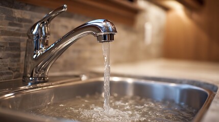 A stream of water flows from a chrome faucet into a stainless steel kitchen sink, creating ripples and a gentle splash, while the surrounding cabinetry provides a warm, inviting.