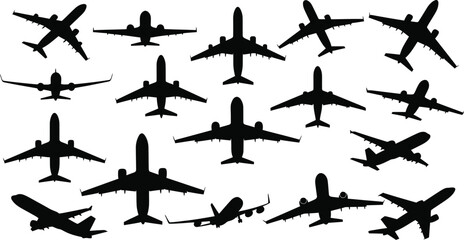 Collection of diverse airplane silhouettes in flight