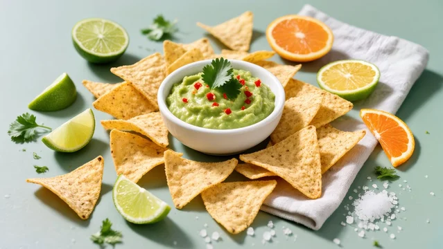 Summer Snack of Guacamole and Tortilla Chips with Lime and Orange