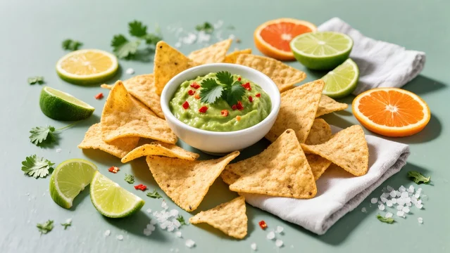 Fresh Guacamole with Corn Chips and Citrus on Light Green Background