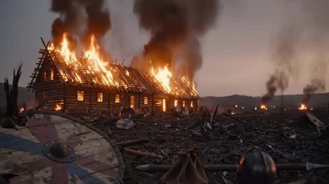 Ashes of the Longhouse Viking Raid Aftermath at Dawn. epic and cinematic wallpaper with fire and particles in the air at sunset
