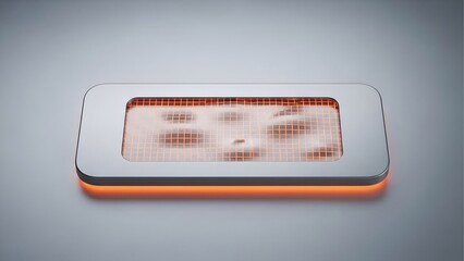 A futuristic technology concept of a sleek metal device with a glowing orange grid displaying a shifting, organic pattern or biometric data.