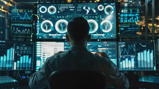 High-tech man at work with monitors and control screens.