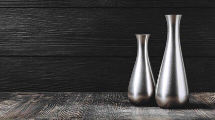 Elegant silver ceramic vases on black wooden table with copy space