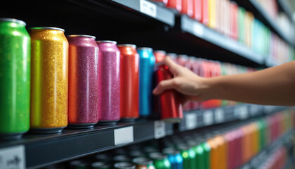 Consumer chooses colorful beverage cans from retail shelf. Hand selects drink from assortment of sparkling soda, energy drinks. Vibrant merchandise organized for refreshment and thirst quenching.