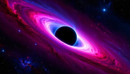 A stunning digital art concept of a supermassive black hole with a glowing pink and purple accretion disk in deep space