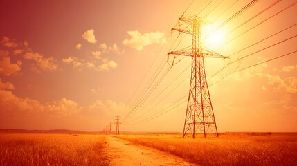 Power lines stretch across a golden field under a fiery sunset.
