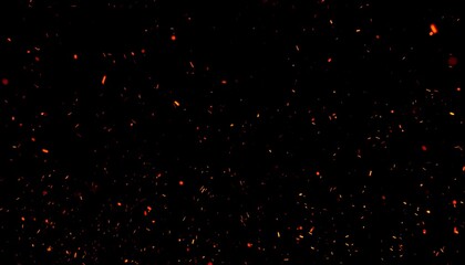 Fiery embers and glowing sparks floating up from a large blaze against a dark black background, creating a dynamic particle effect.