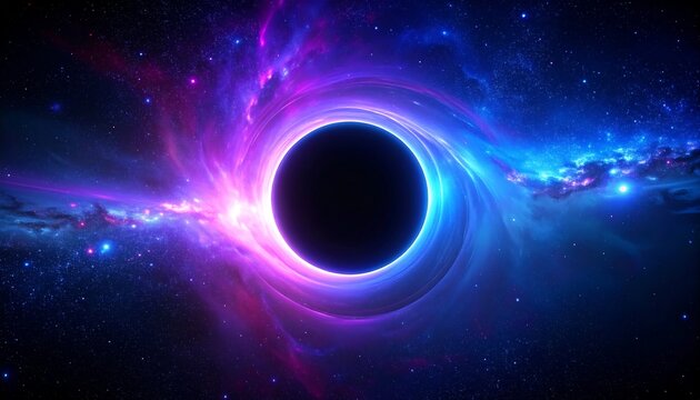 Cosmic vortex of a supermassive black hole with a glowing accretion disk of purple and blue light amidst a stellar nebula.