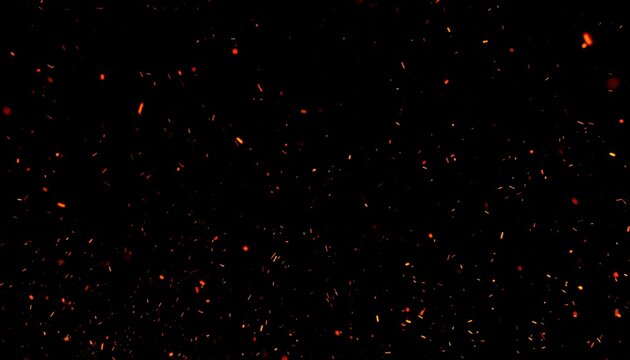 Fiery embers and glowing sparks floating up from a large blaze against a dark black background, creating a dynamic particle effect.