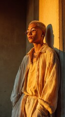 Naklejka premium A nonbinary model stands confidently against a wall, illuminated by soft golden sunlight during sunset. Dressed in loose, breathable clothing, they exude effortless style and comfort.