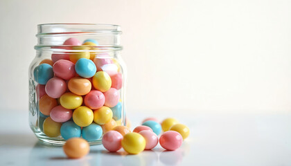 Glass jar filled with colorful round candies. Assortment of sweet jelly beans in pastel shades of pink, yellow, blue spill onto clean white surface. Perfect for celebrating holidays, parties, as