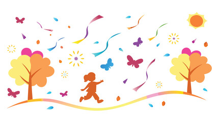 Illustration of a girl running in a festive landscape with trees, butterflies and confetti falling down
