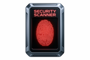 Futuristic Security Scanner with Glowing Red Fingerprint Identification Technology