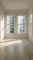 Obraz premium Empty Room Interior with Hardwood Floors and City View Windows