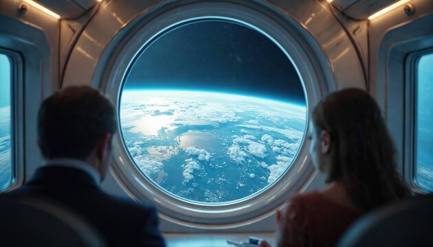 Passengers gaze at Earth from futuristic spacecraft cabin window. Experience luxury space tourism voyage with stunning views of planet clouds, oceans, and starry galactic expanse.