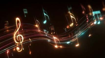 Abstract digital music background with glowing neon musical notes and light trails.