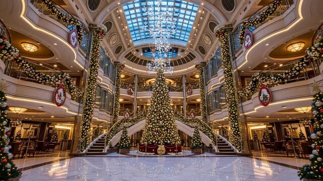 Grand atrium of a cruise ship lavishly decorated for Christmas. Festive holiday interior with trees, garlands, and lights.