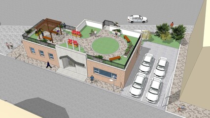 the house in the city, 3D architectural rendering of a village hall for residents