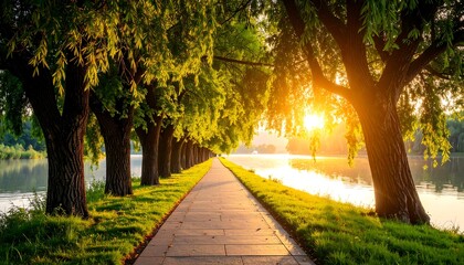 Obraz premium Sunlit path by a calm lake, lined with trees