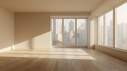 Empty Room with City View and Sunlight