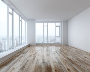 Fototapeta premium Empty Room with Hardwood Floor and City View