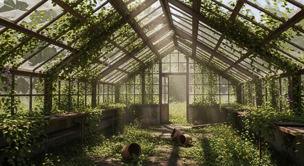 Exploring abandoned greenhouse overgrown with plants and sunlight shining through glass roof