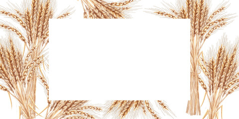 Rectangular frame with ripe wheat ears. Isolated watercolor illustration for interior design, Harvest Festival decoration, printing on kitchen textiles, seasonal menu design.