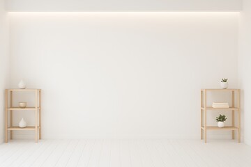Empty minimalist room with white wall and light wooden floor, bright natural lighting, perfect for interior design background or product mockup