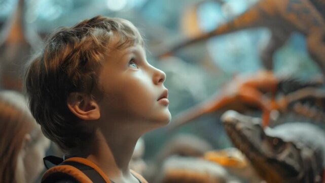 A young child with a curious look, standing in front of various dinosaurs on display. - Powered by Adobe