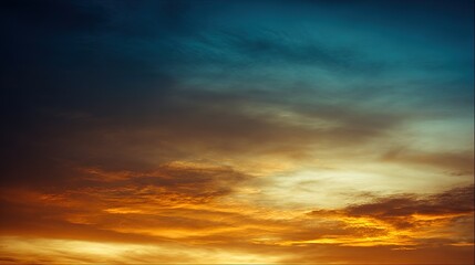Fototapeta premium Blue and Orange Cloudy Sky Background with Golden Sunset Light – Hues of Azure and Amber Blending in Clouds, Bathed in Warm Golden Rays of the Setting Sun