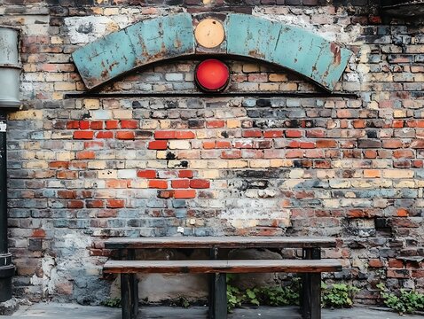 An aged brick wall with a wooden bench in front of it - Powered by Adobe
