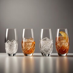 Drinks with ice, glasses on a row, clean and neutral background
