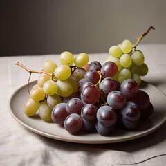Bunch of grapes on a plate, red and green grapes, healthy food diet
