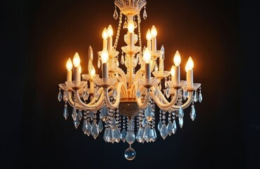 Fototapeta premium Ornate crystal chandelier with warm lights creates opulent ambience. Classic design features multiple tiers of detailed crystal prisms, warm bulbs, perfect for luxurious interiors. Adds elegant glow,