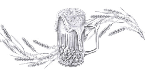 Seamless border with wheat ears and beer. Isolated pencil illustration in realistic style for bar design, wine list, interior design, printing on advertising brochures, labels.