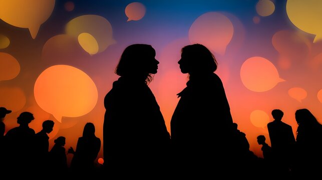 Silhouettes of people facing each other, surrounded by speech bubbles.