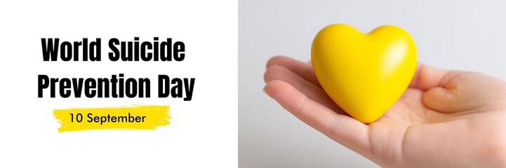 Hand holding yellow heart, symbol of care for suicidal problem. Medical support for National Suicide Prevention Day