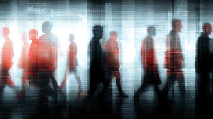 Blurred figures of people walking in a busy corridor.