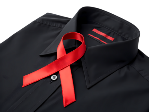 Red Ribbon on Black Shirt on transparent background