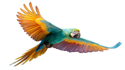 Fototapeta premium A colorful parrot flying in the air, isolated on a white background