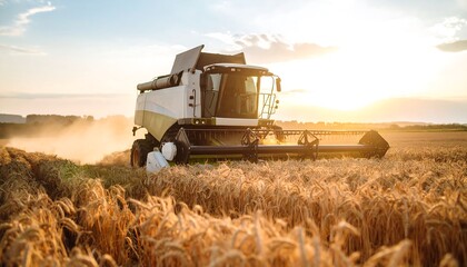 Fototapeta premium Harvester Working Golden Wheat Field at Sunset