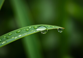 Water droplets cling to the vibrant green leaf after a refreshing rain creating a serene and peaceful scene