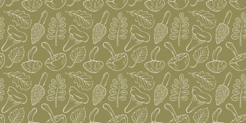 Seamless pattern of line art mushroom and autumn leaf on green background. Simple botanical forest design for seasonal decoration and textile.
