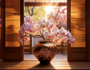 a minimalist Japanese-style floral arrangement in a ceramic vase, featuring white orchids and soft pink cherry blossoms, placed on a wooden table with sunlight streaming through shoji windows, natural