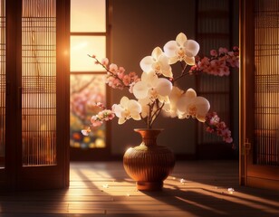 a minimalist Japanese-style floral arrangement in a ceramic vase, featuring white orchids and soft pink cherry blossoms, placed on a wooden table with sunlight streaming through shoji windows, natural